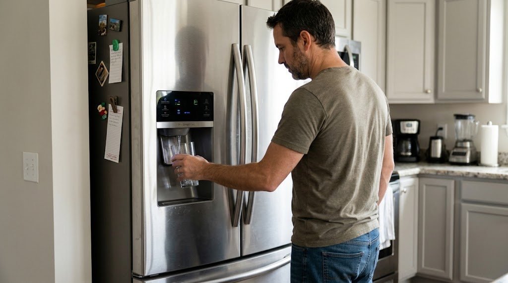 Hombre sirviéndose un vaso de agua del dispensador del nevecón