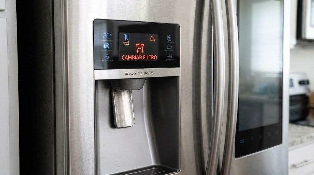 Pantalla del nevecón con la alerta «Cambiar filtro» encendida